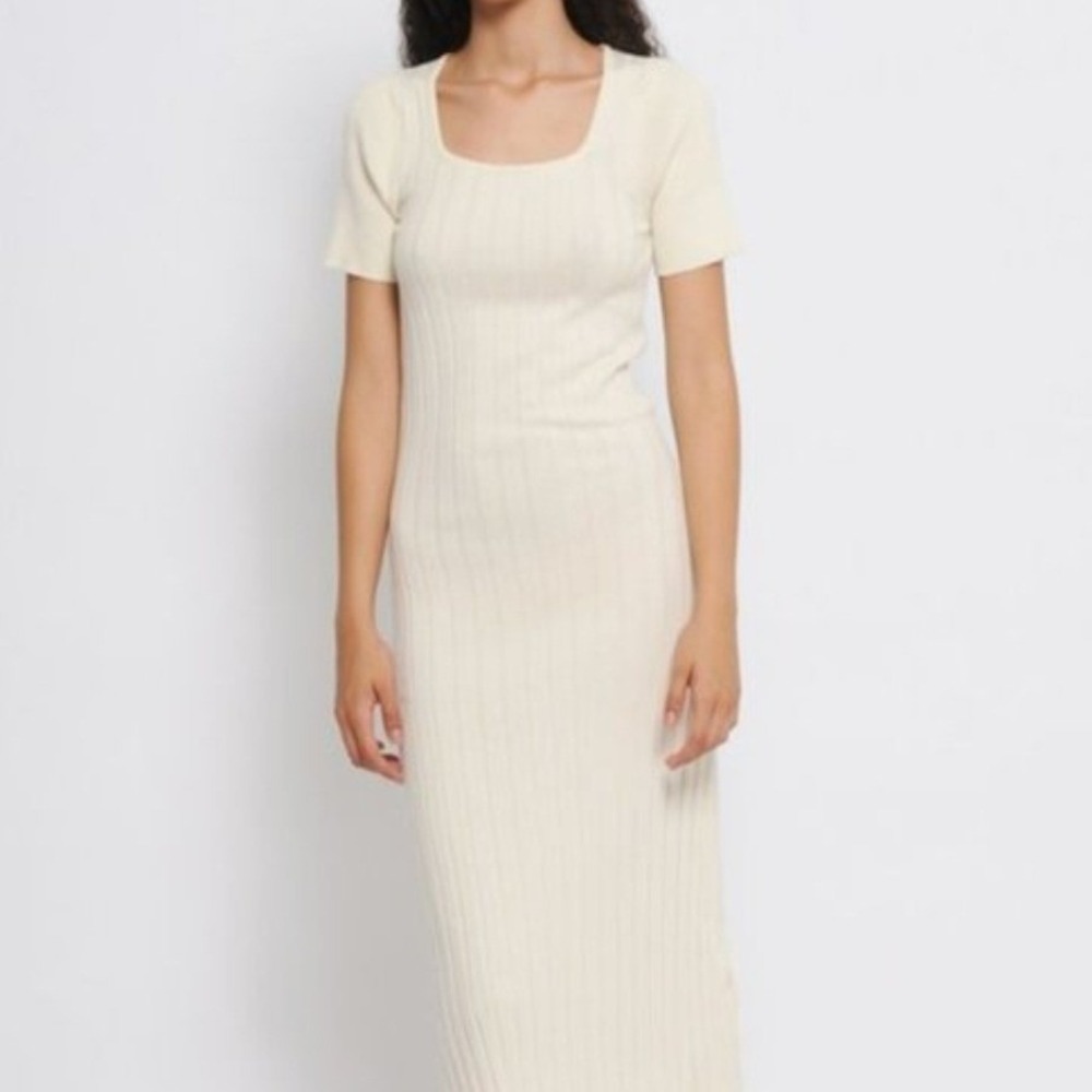 Diarte Cream Ribbed Knit Midi Dress Square Neck Short Sleeve Off White Slim Fit